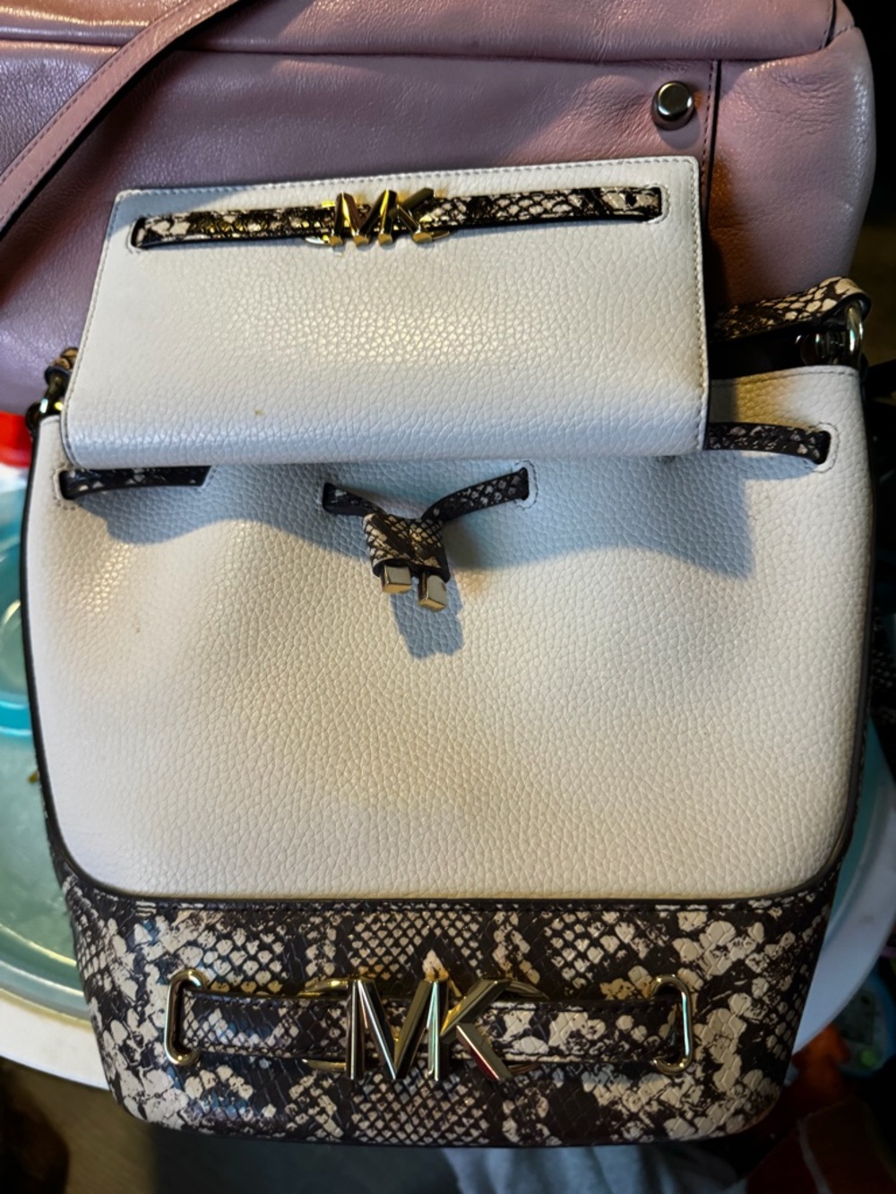 Michael Kors White Pebbled Backpack with Snake-Print Trim and Gold MK Accent - Picture 1 of 1